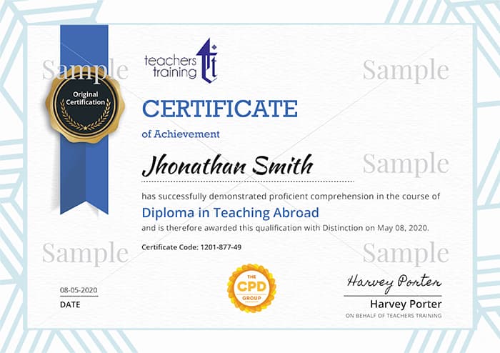 The Teachers Training sample certificate