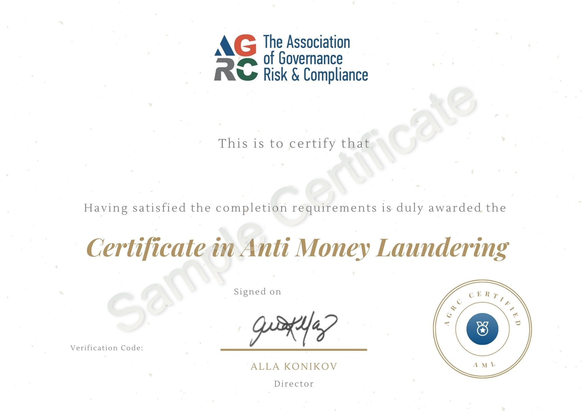 London Governance & Compliance Academy (LGCA) sample certificate