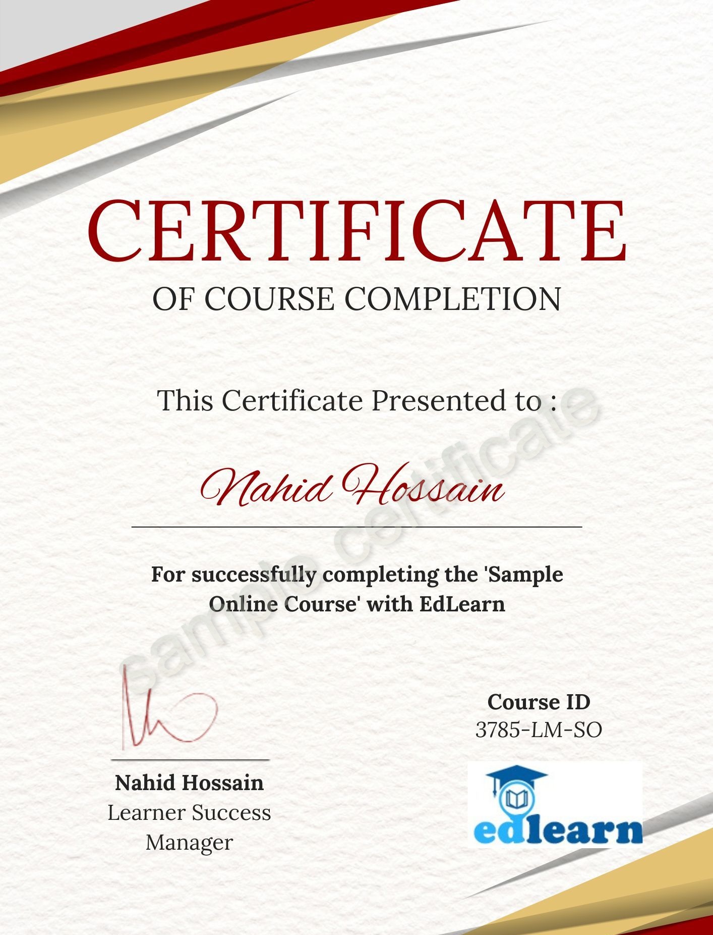 EdLearn sample certificate