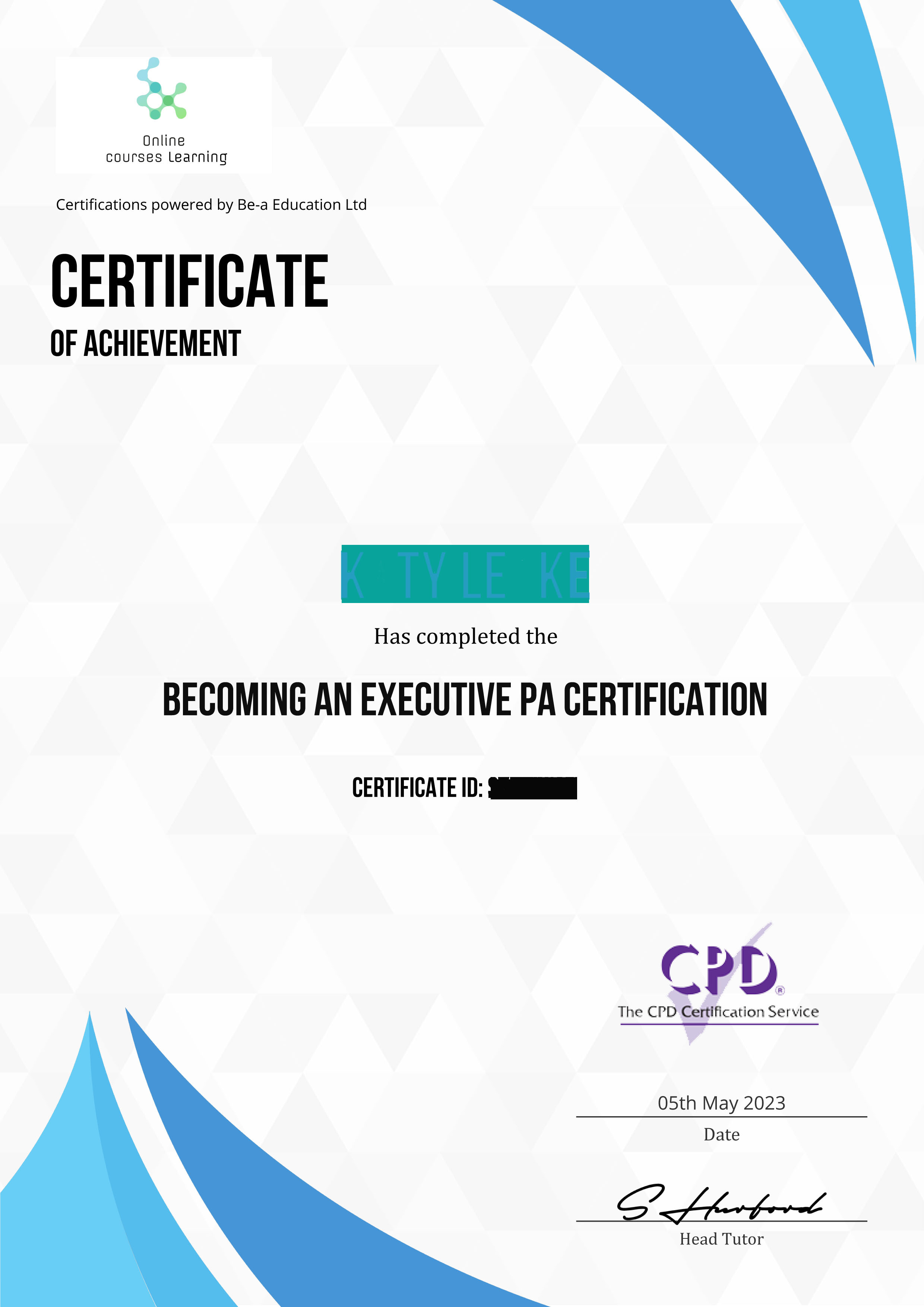 Online Courses Learning sample certificate