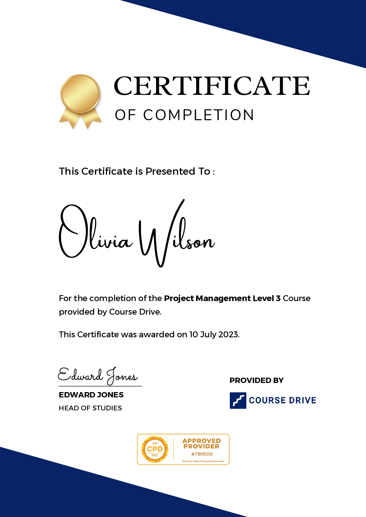 Course Drive sample certificate