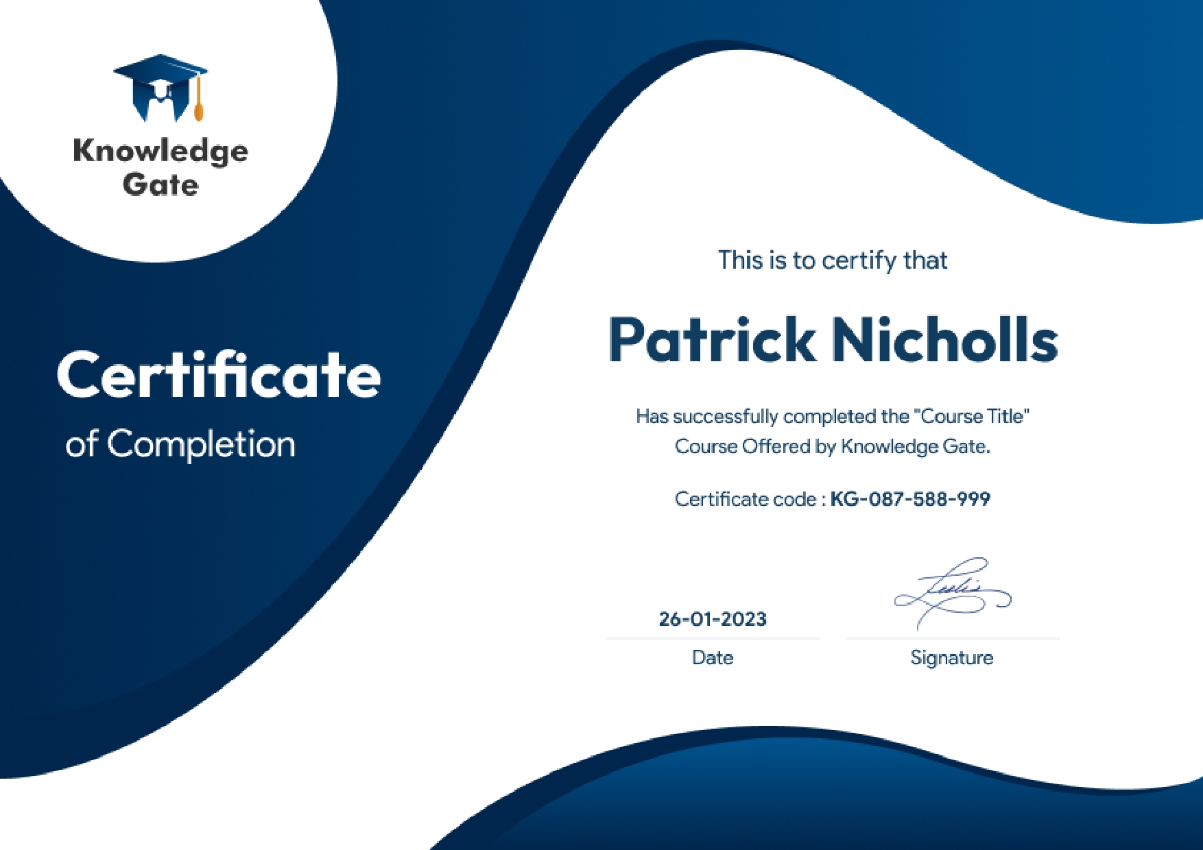 Knowledge Gate sample certificate