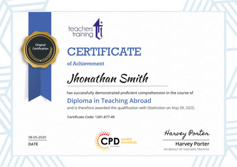 The Teachers Training sample certificate