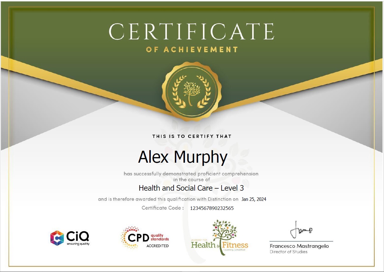 Academy for Health & Fitness sample certificate