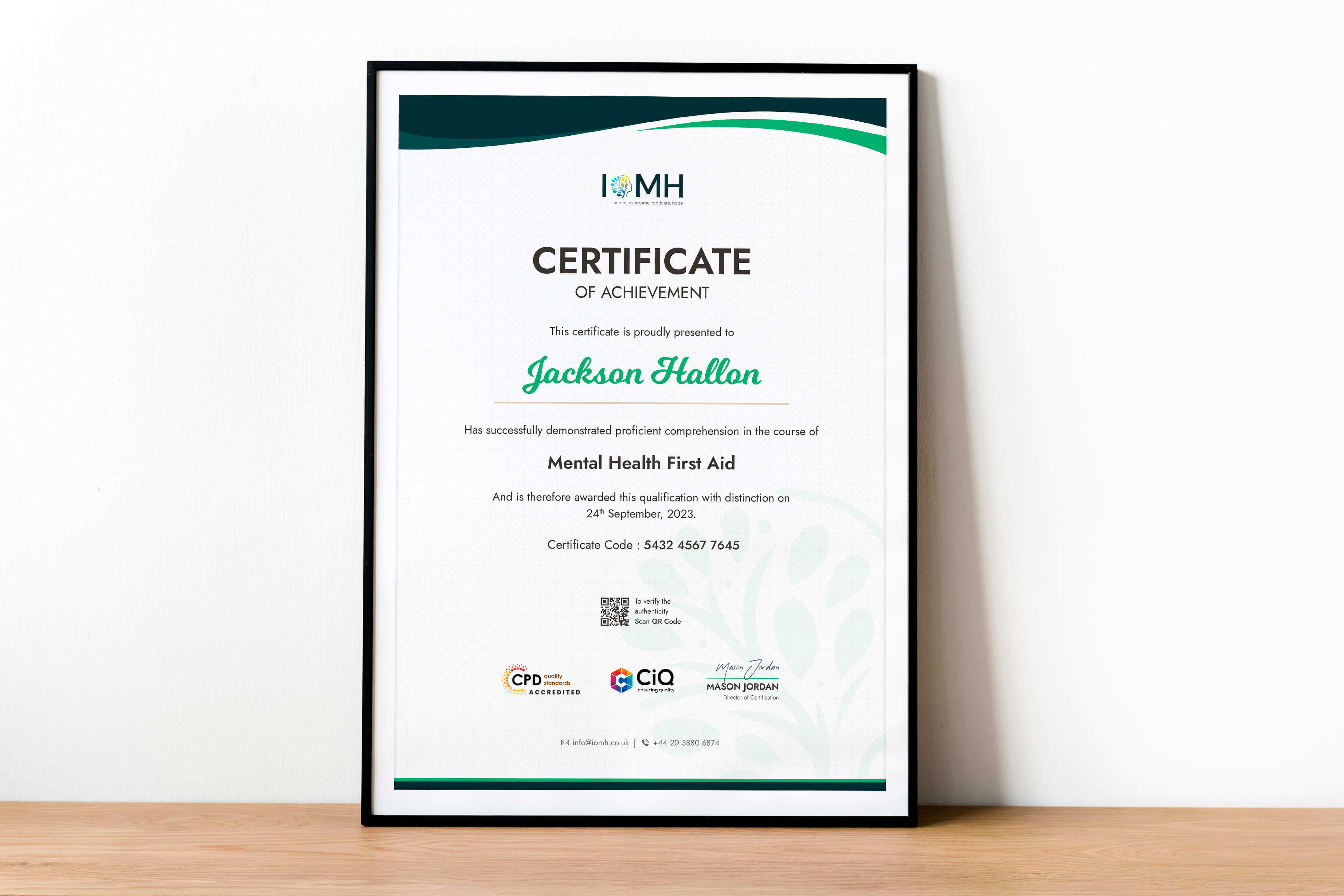 IOMH - Institute of Mental Health sample certificate