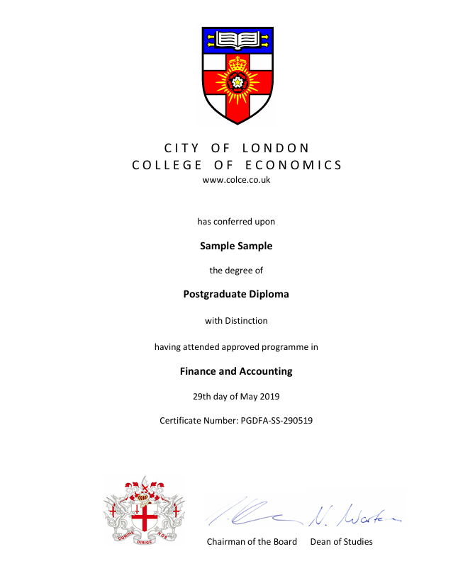 City of London College of Economics sample certificate